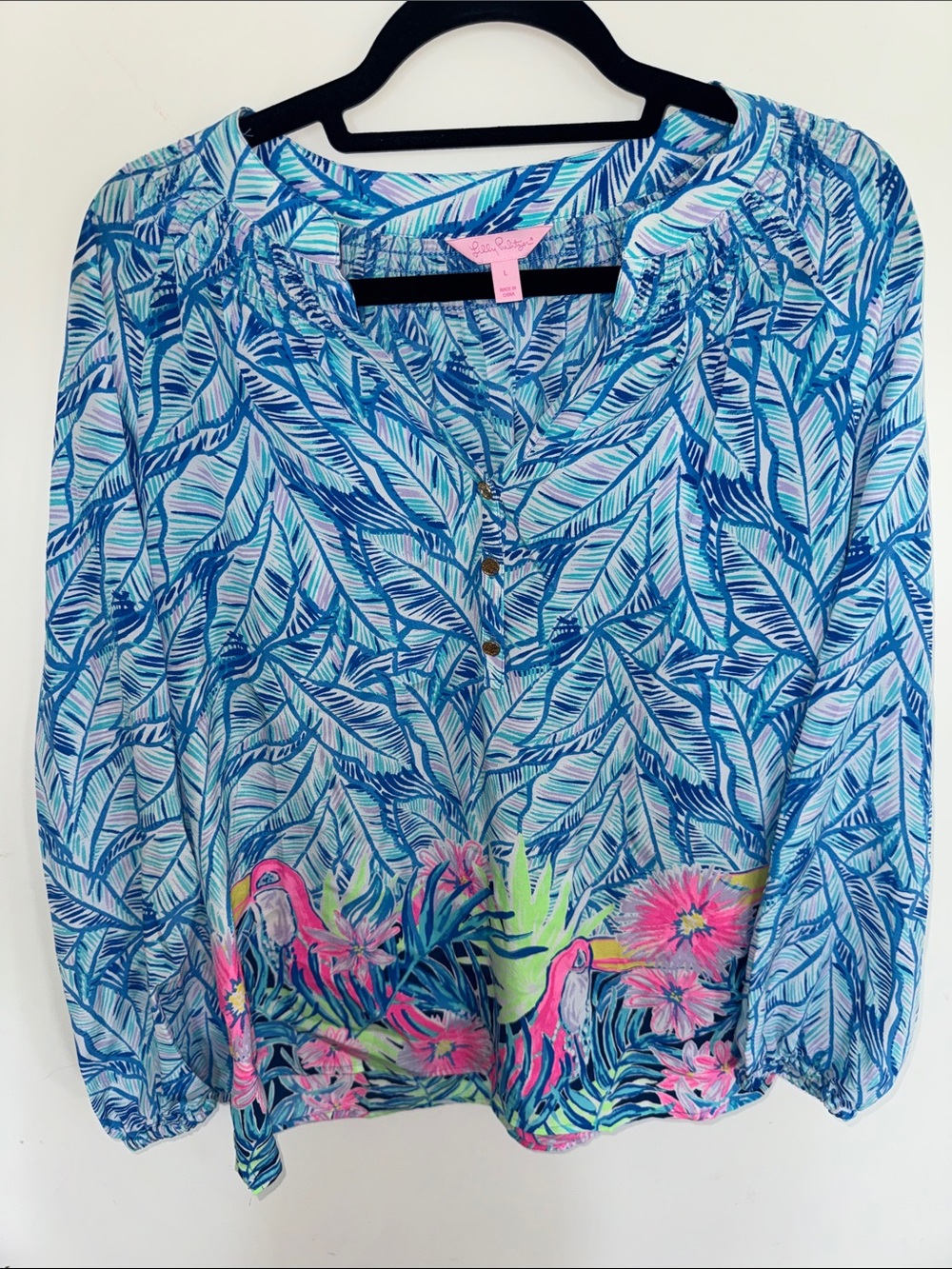 Lilly Pulitzer Blue Tropical-Print Button Front Blouse